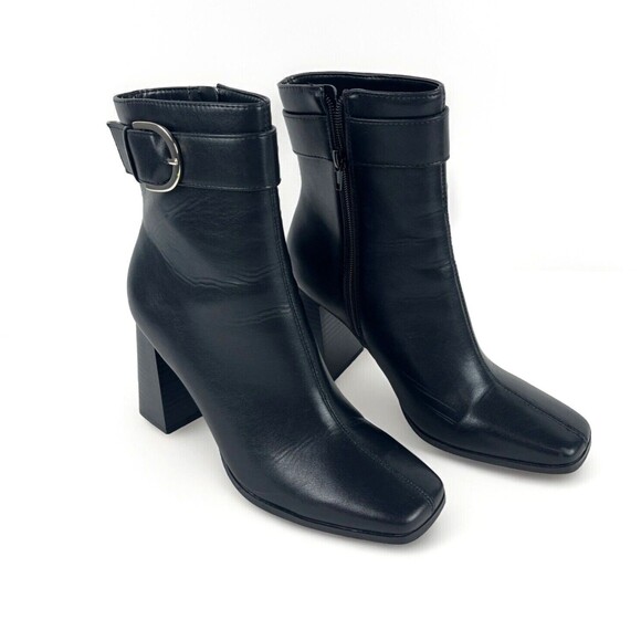 Black Ankle Boots Womens SZ 9 Zip Buckle Block Heels Faux Leather Classy NEW - Picture 7 of 16